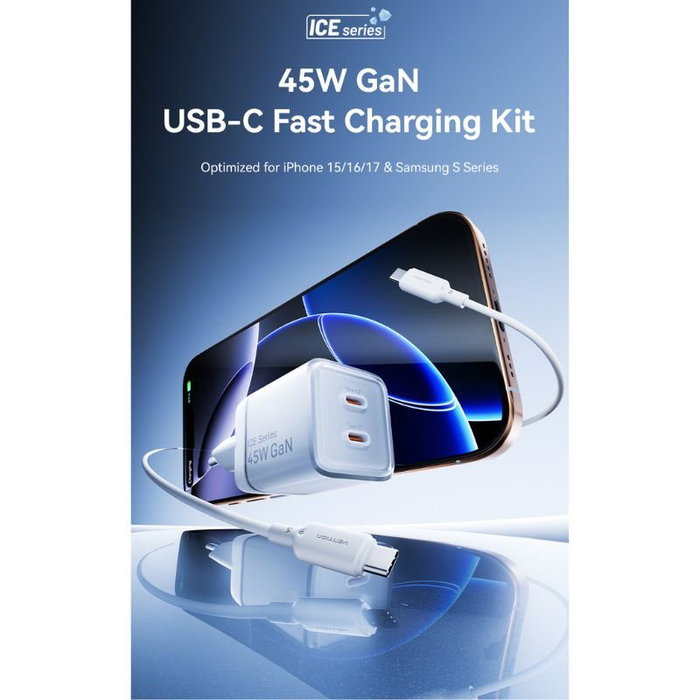 Vention Cargador de Pared GaN 45W con 2x USB-C y Cable USB-C Vention Cargador de Pared GaN 45W con 2x USB-C y Cable USB-C